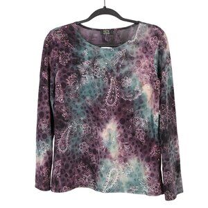 Y2K Hippie Shirt L Paisley Glitter Purple Green Dots Stretch Boho Indie Floral